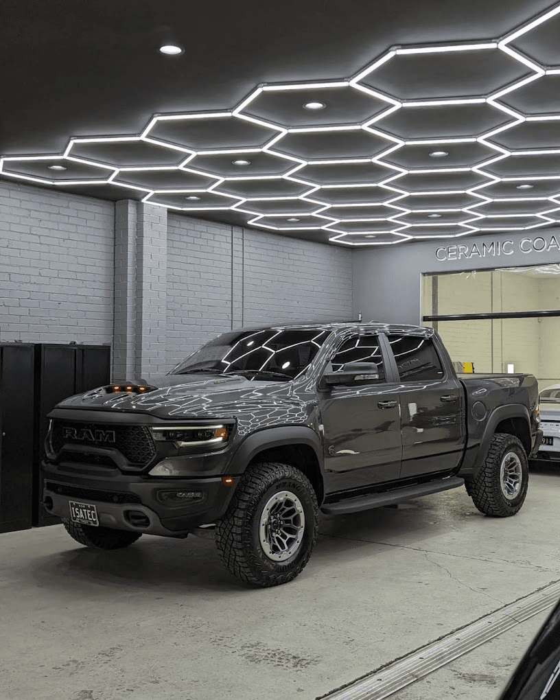 RAM truck with ceramic window tint in workshop