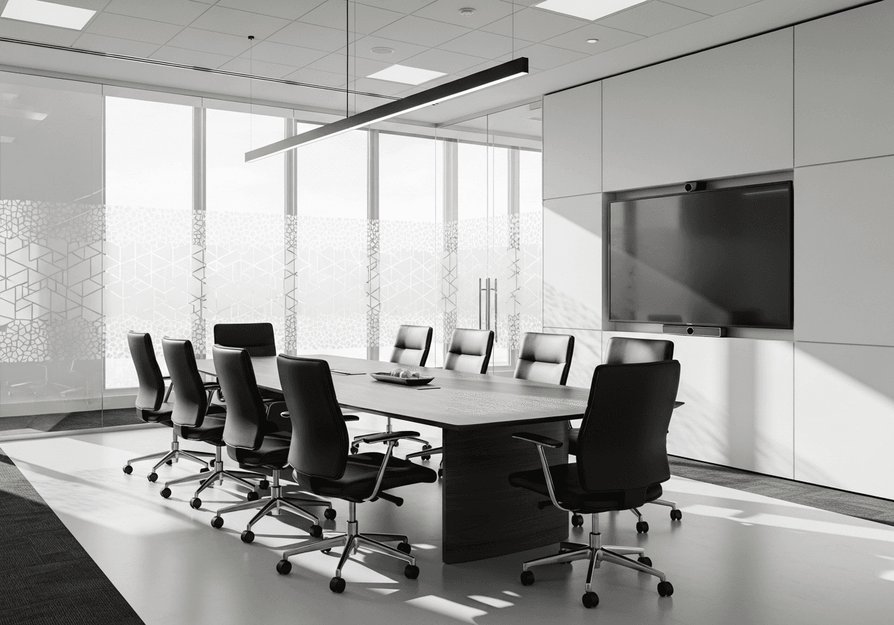 Office conference room with decorative privacy film on glass partitions