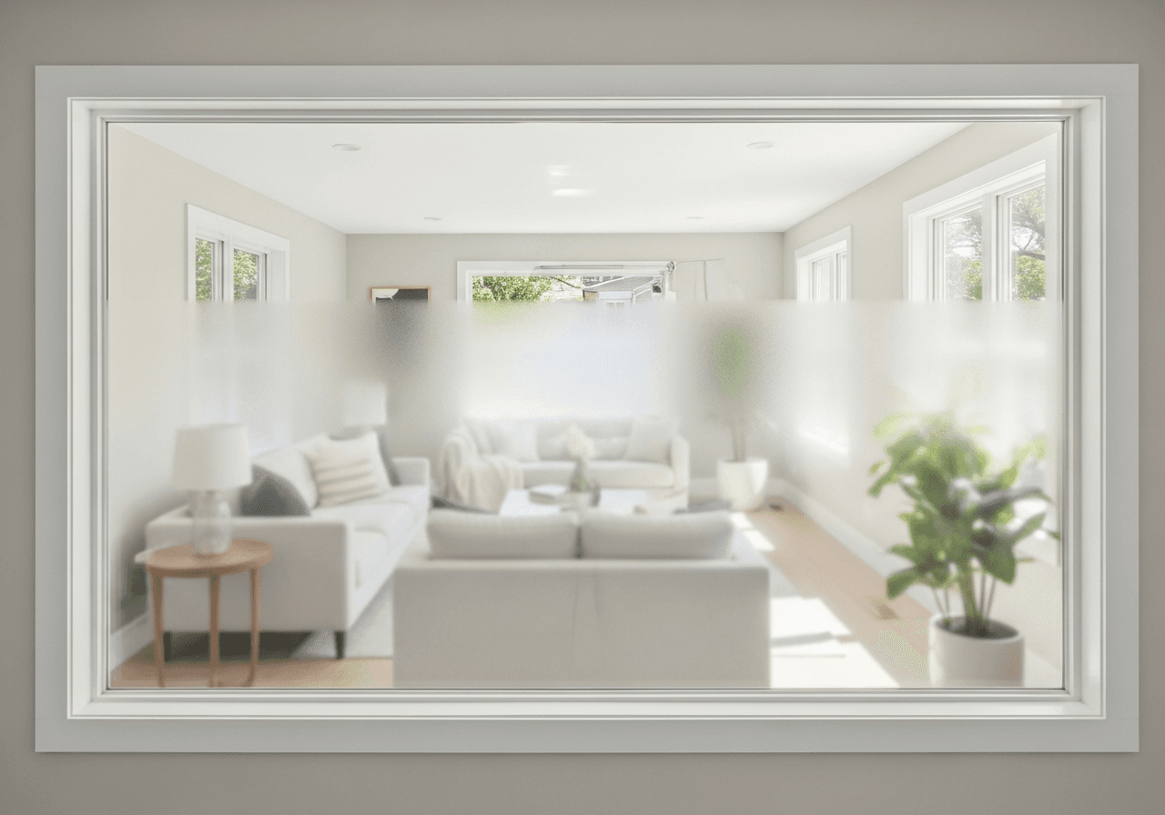 Living room with street-facing privacy window film